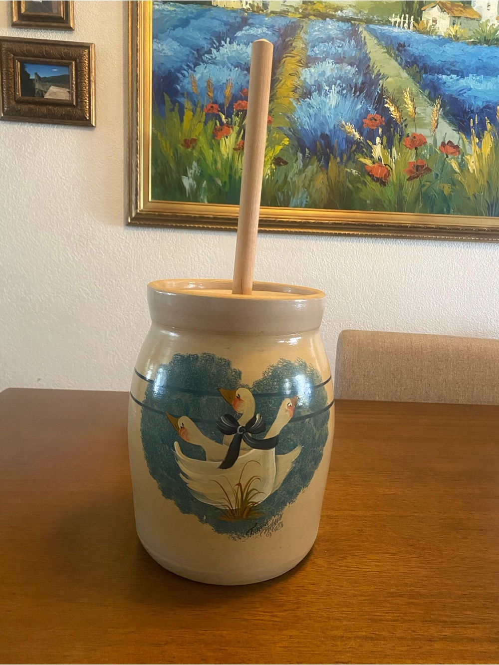 Teresa Flatness Hand-Painted Ceramic Butter Churn with Blue Goose Motif